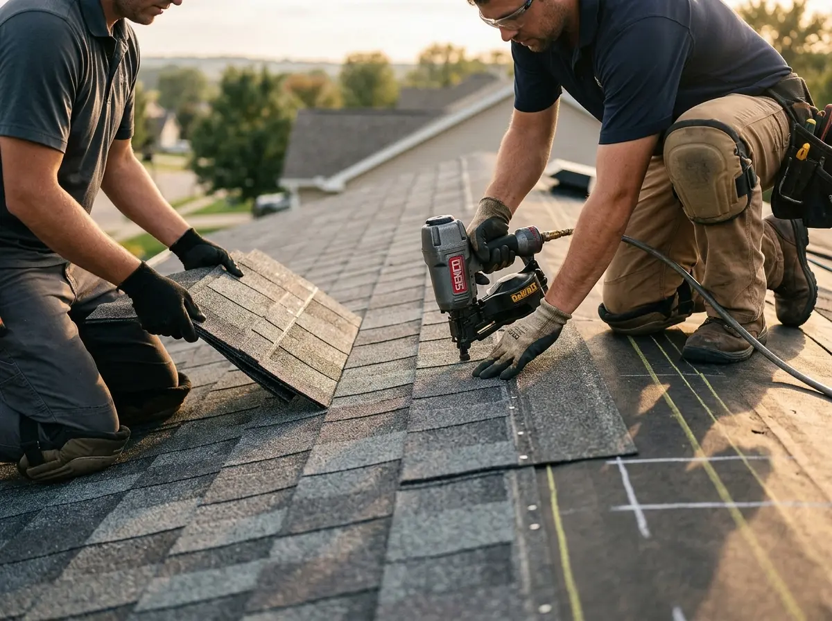 Professional roofer working on a residential roof in North Greenbush